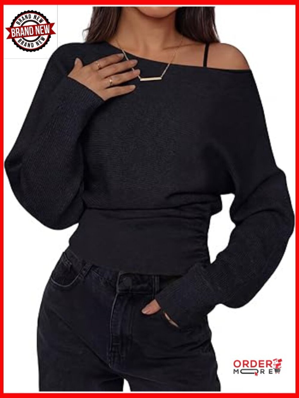 Off Shoulder Bat Wing Sleeve Ribbed Knit Pullover Sweater